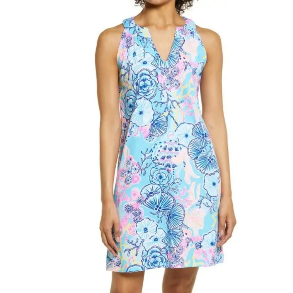 Lilly Pulitzer Sleeveless Pima Cotton Blue & Pink Floral Midi Dress Large